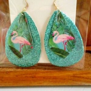 Teal Flamingo Handmade Faux Leather Earrings